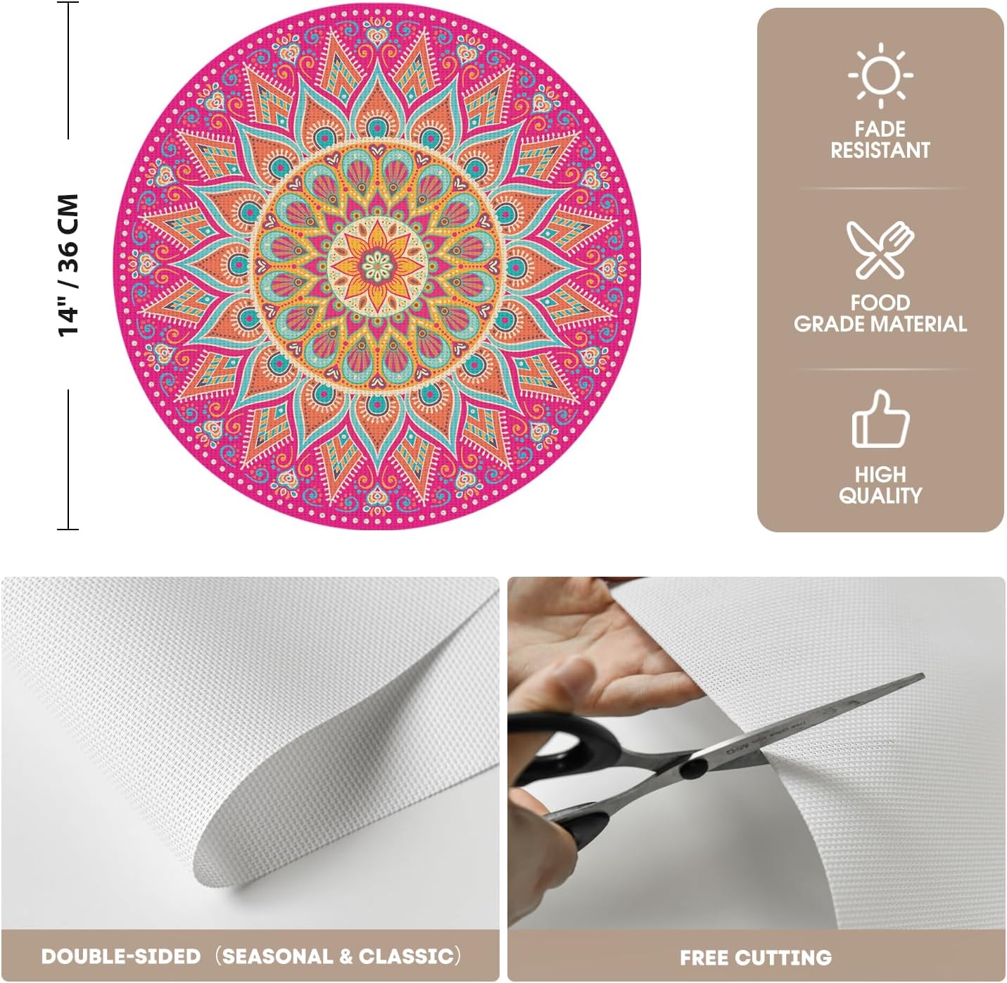 Artoid Mode Pink Mandala Vinyl Plastic Placemats Set of 4, 14 Inch Washable Non-Slip Woven Round Table Mats for Party Kitchen Dining Decor