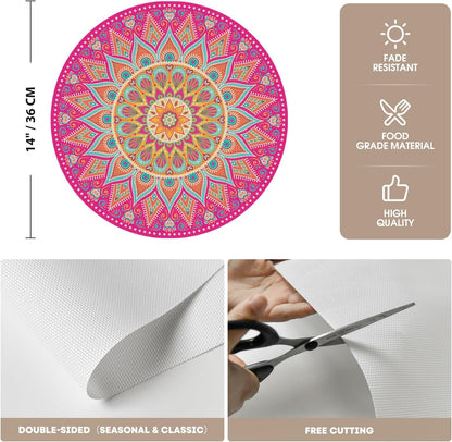 Artoid Mode Pink Mandala Vinyl Plastic Placemats Set of 4, 14 Inch Washable Non-Slip Woven Round Table Mats for Party Kitchen Dining Decor
