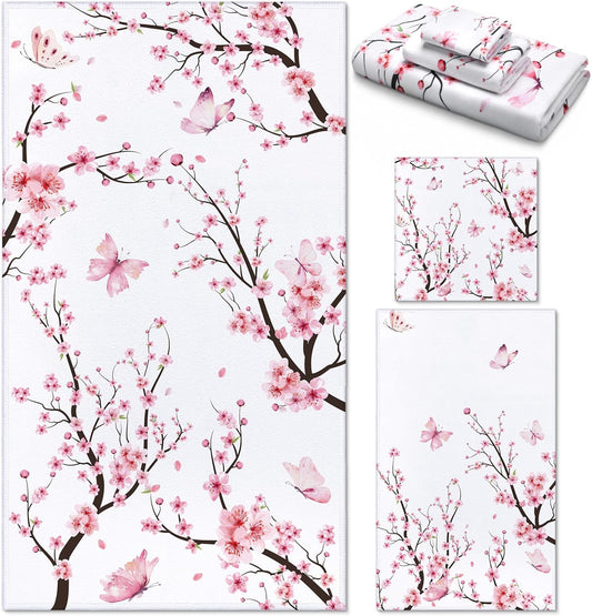 Preboun 3 Pack Cherry Blossom Bathroom Towels Set Spring Cherry Flower Hand Towels Watercolor Pink Sakura Bath Towels Butterfly Dish Towels Absorbent Fingertip Towel for Bathroom Kitchen Hotel Beach