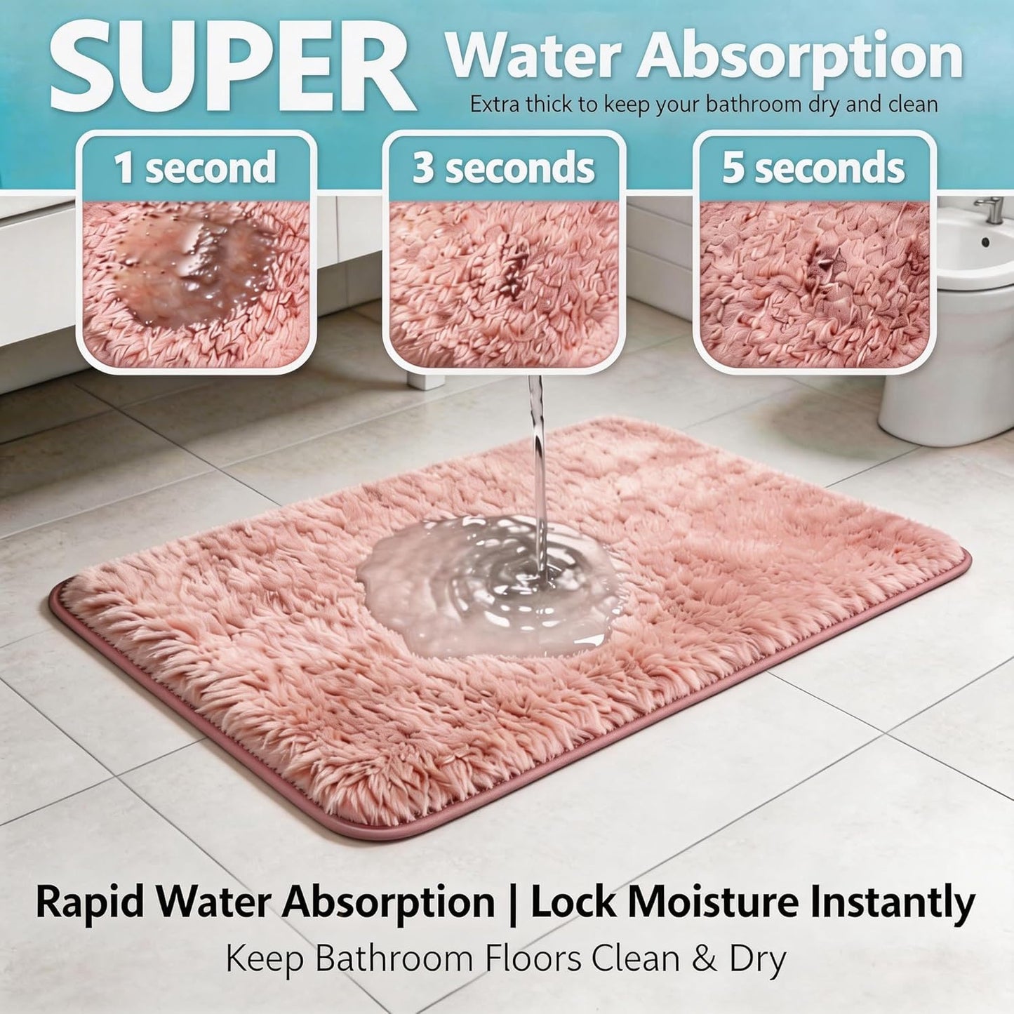 Shaggy Bathroom Rugs Set Plush Velvet Bath Rugs Non-Slip Bath Mat Set 3 Piece,Washable Mats,Absorbent Shaggy Rugs Super Soft U-Shaped Toilet Rug,Bahroom Carpets for Bathroom,Tub,Shower(Light Pink