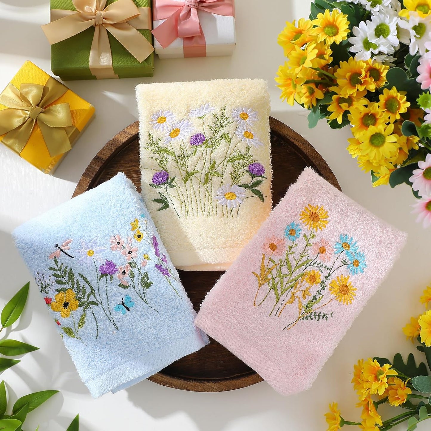 Tingjoo 3 Pcs Pastel Wildflower Hand Towels Pink Blue Yellow Wildflower Floral Bath Towels 14x29 Inch Soft Cute Flower Washable Embroidered Decorative Spring Summer Cotton Decor for Bathroom Kitchen