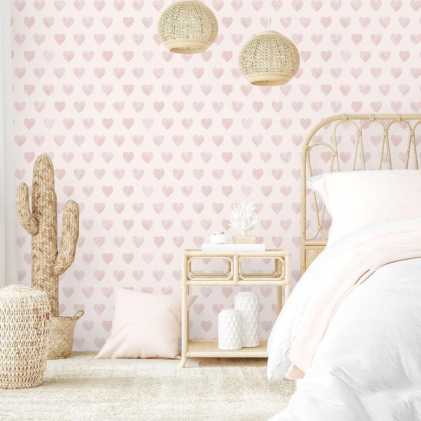 Fititem Pink Peel and Stick Wallpaper Kids Modern Pink Contact Paper Cabinets Nursery Hearts Wall Sticker Bedroom Decor Boho Removable Self Adhesive Wallpaper for Bathroom Waterproof 17.3inW 78.7inL