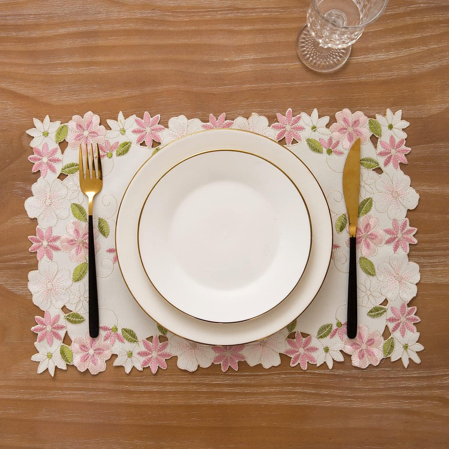 2pack Round lace Doilies,Yellow Blue Floral Cutwork Embroidered Placemats Vase Pads for Wedding Birthday Dinner Party Decor (17 * 11 inch, Pink Flower)