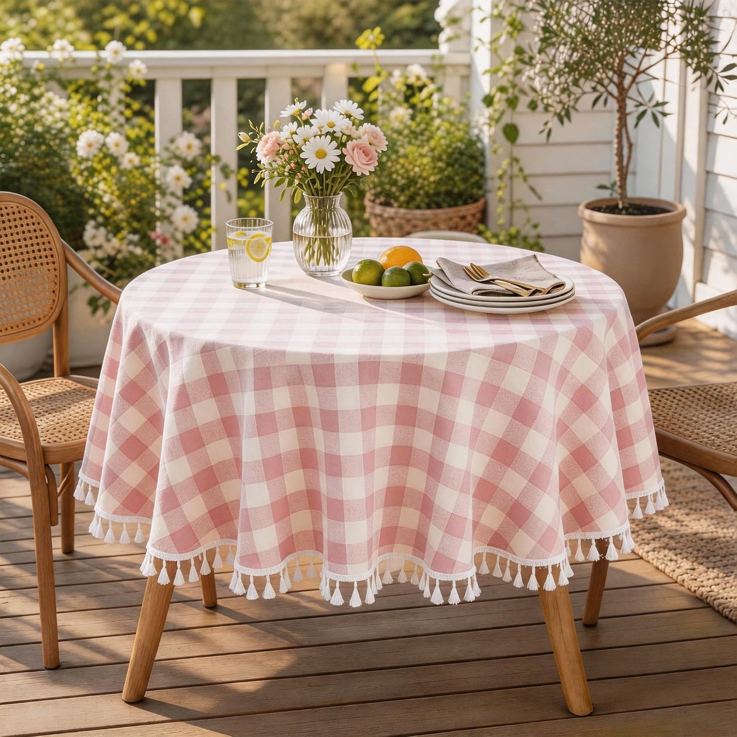 Pink Gingham Tablecloth with Tassels, Cotton Linen Checkered Plaid Table Cloth, Farmhouse Table Cover for Dining Table, Picnic, Baby Shower & Bridal Shower, Washable, 60 Inch Round