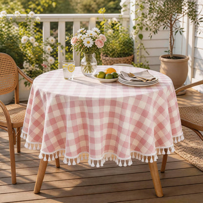 Pink Gingham Tablecloth with Tassels, Cotton Linen Checkered Plaid Table Cloth, Farmhouse Table Cover for Dining Table, Picnic, Baby Shower & Bridal Shower, Washable, 60 Inch Round