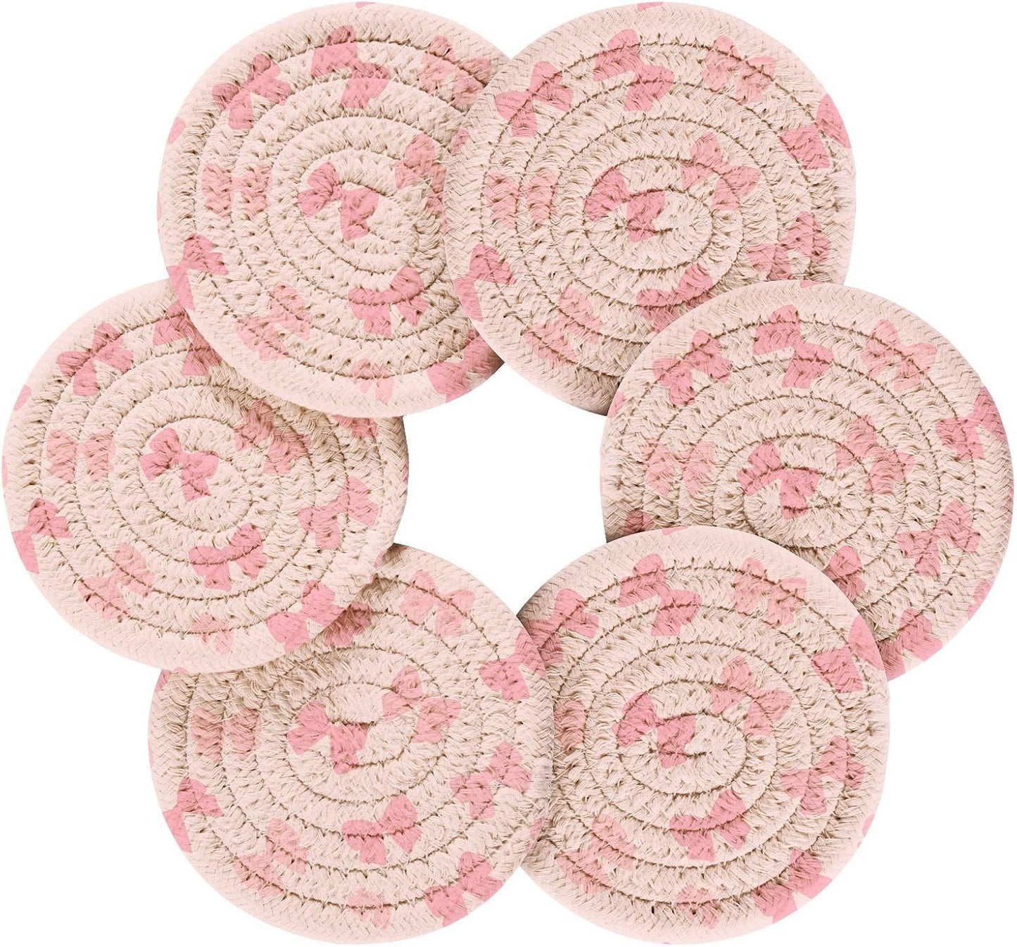 6 Pcs Drink Coasters Cute Light Pink Bow Woven Coasters Set Drinks Coasters with Holder