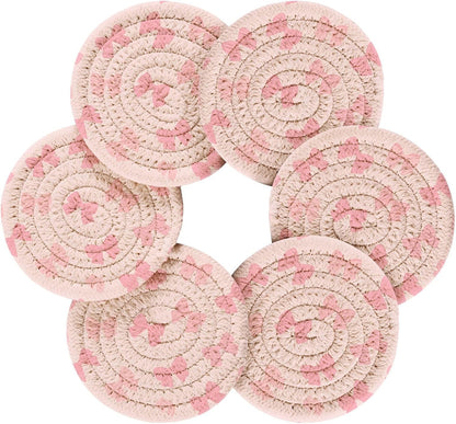6 Pcs Drink Coasters Cute Light Pink Bow Woven Coasters Set Drinks Coasters with Holder