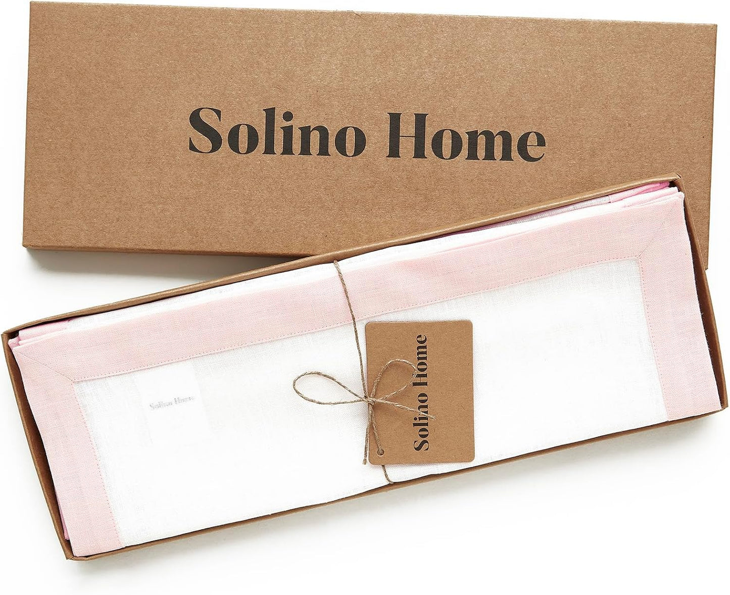 Solino Home Linen Placemats Set of 4 - Blush Pink and White Placemats 14 x 19 Inch - 100% Pure Linen Table Place Mats for Summer - Classic, Handcrafted and Machine Washable