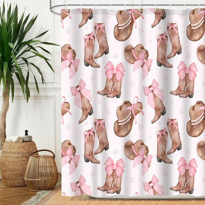 Cowgirl Bowknot Shower Curtain Set 72x72inch Pink Boots and Hat Design Ideal Holiday Bath Decor for Girls Bath Decorations with 12 Plastic Shower Hooks