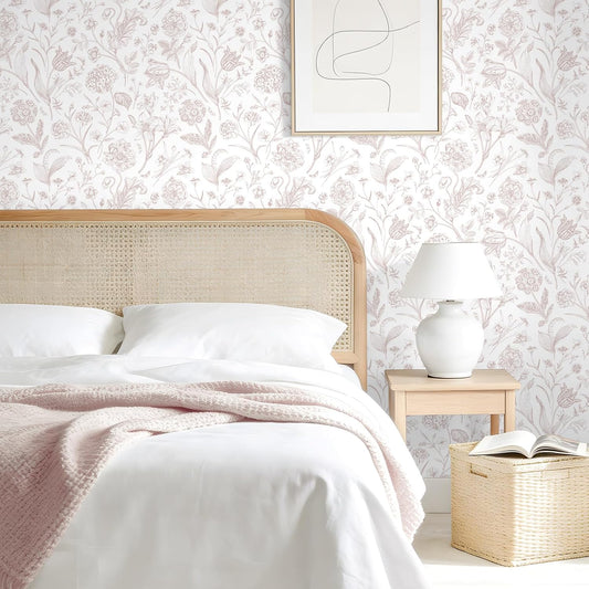 VEELIKE Dusty Pink Toile Wallpaper Peel and Stick Vintage Hand-Drawn Floral Wallpaper for Girls Bedroom Powder Room 17.7''x118'' Self Adhesive Contact Paper Removable Cottage Wall Paper for Nursery