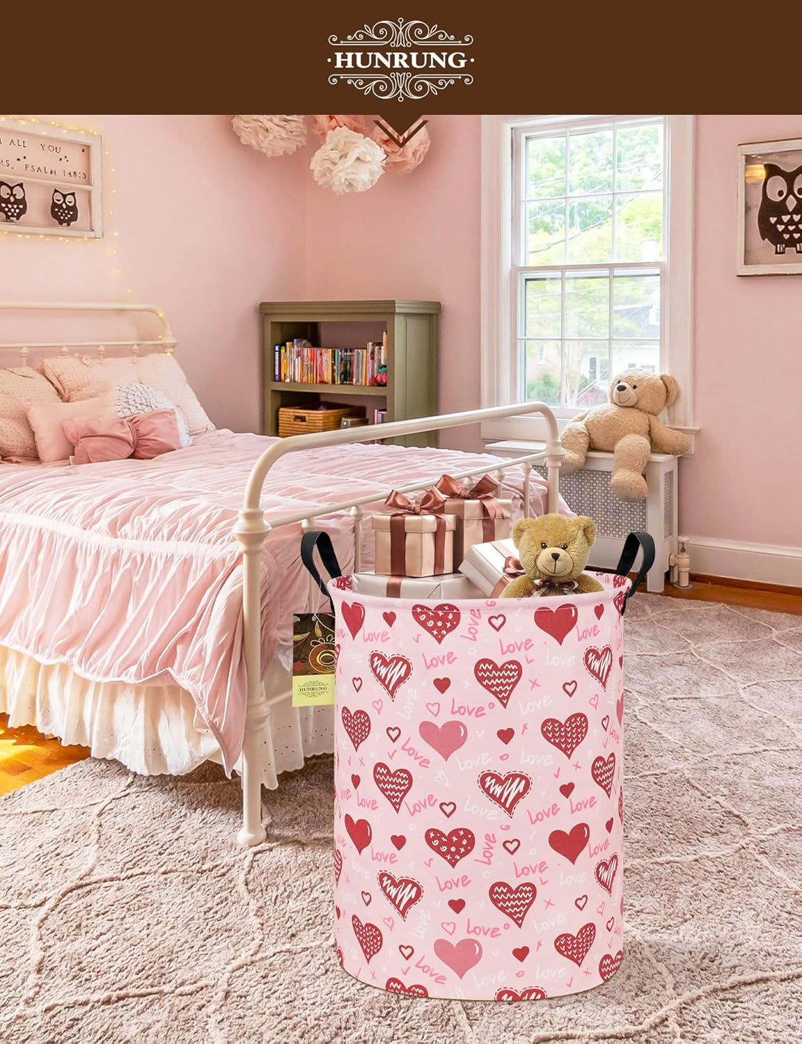 Heart Collapsible Fabric Storage Basket, Waterproof Laundry Hamper with Handles, Round Storage Bin for Clothes Toys, Foldable Organizer for Bedroom Nursery Bathroom(Round-Pink Love Heart)