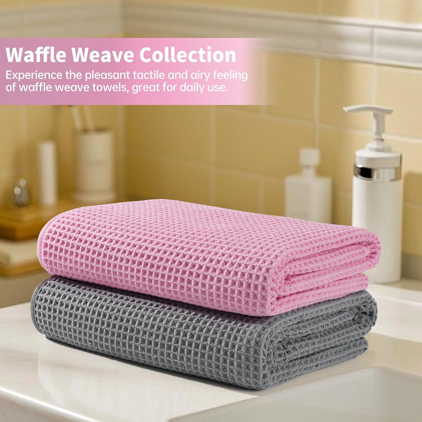 MICROFI New Microfiber Waffle Bath Towels, 2 Pieces, Oversized, Soft, Absorbent, Fast Drying, Lint Free 430 GSM (Gray+Pink)