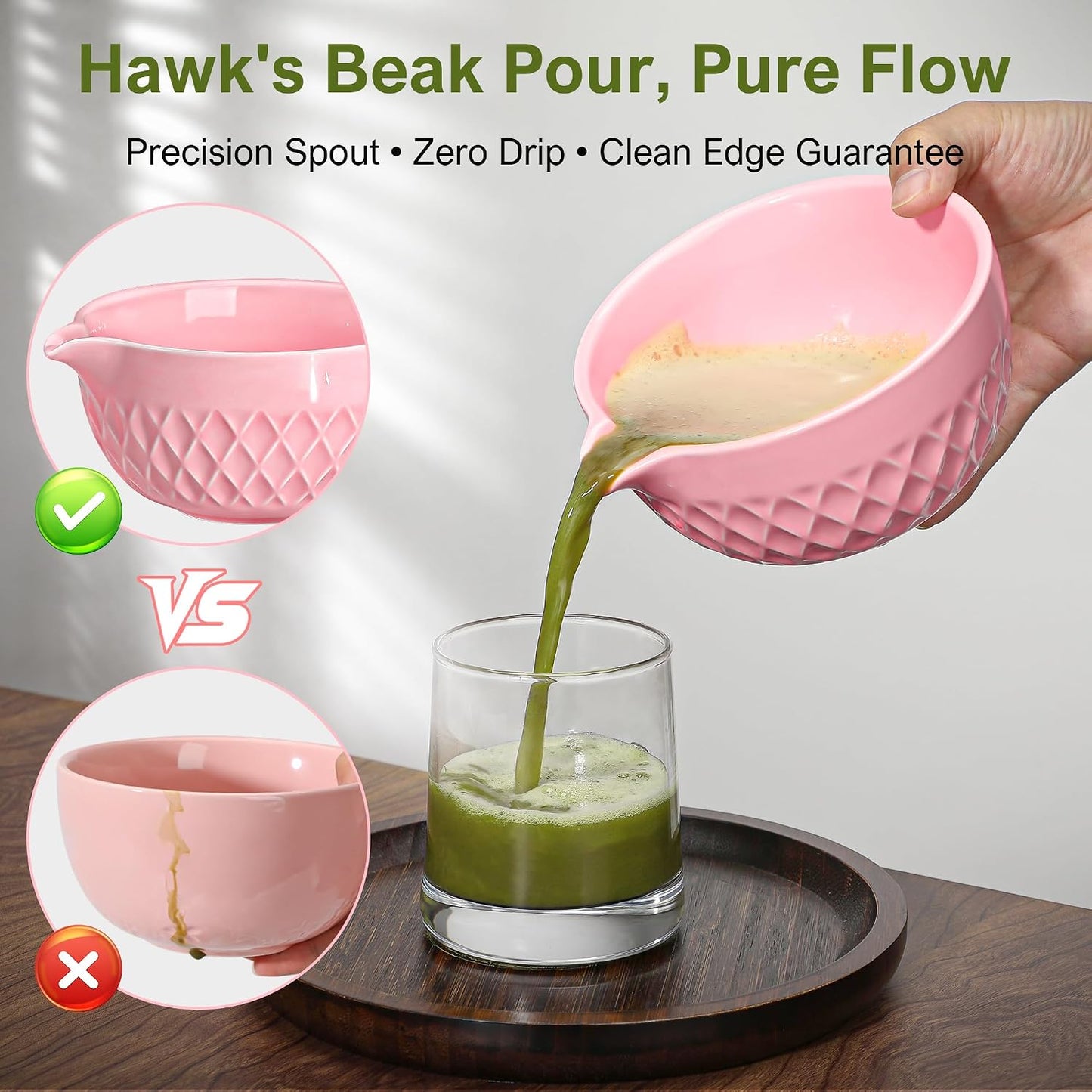 Doasuwish Matcha Whisk Set, 7 Pcs Ceramic Kit, Includes Matcha Bowl with Spout, Matcha Whisk and Holder, Bamboo Scoop, Scoop Rest, Sifter and Tea Towel (Cherry Blossom Pink)
