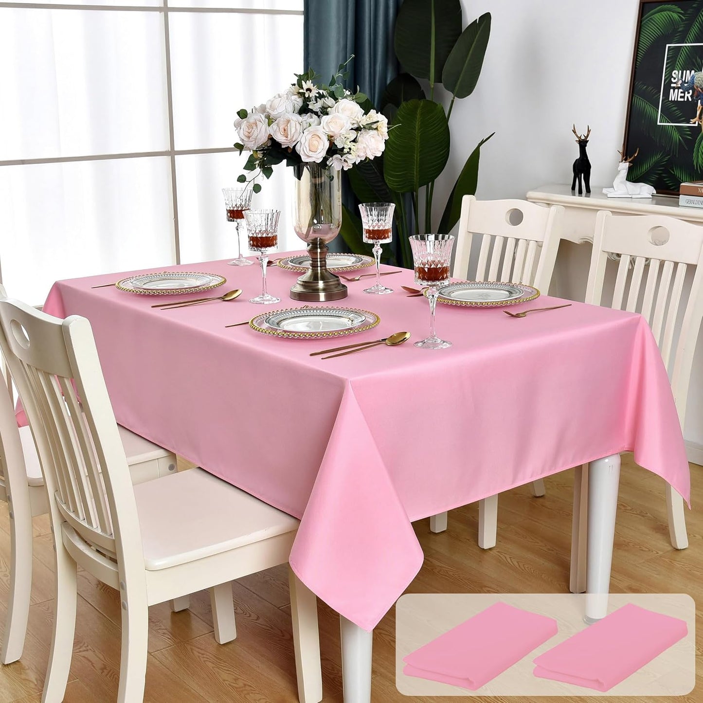 2 Pack Pink Rectangle Tablecloth Waterproof Stain Resistant Wrinkle Free Table Cloth 210GSM Polyester Wipeable Table Cover for Party, Banquet - Square/Rectangular, 60 x 60 inch (2 Pcs)