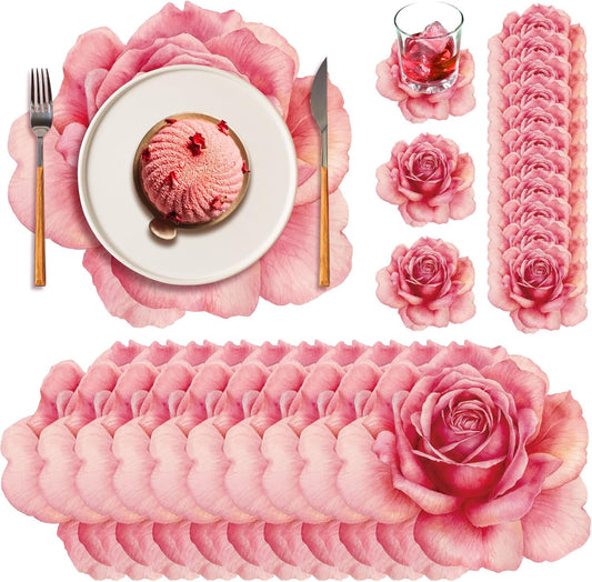 Geosar 200 Pcs Pink Floral Paper Placemats and Coasters Spring Summer Flower Chargers Table Mat Disposable Rose Flower Placemat with Coasters for Tea Party Wedding Bridal Baby Shower Birthday 13''