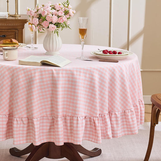 Gingham Ruffled 70" Round Tablecloth Cotton Linen Picnic Checkered Table Cloth Farmhouse Waterproof Wrinkle Free Buffalo Plaid Table Cover for Outdoor Birthday Party, Pink
