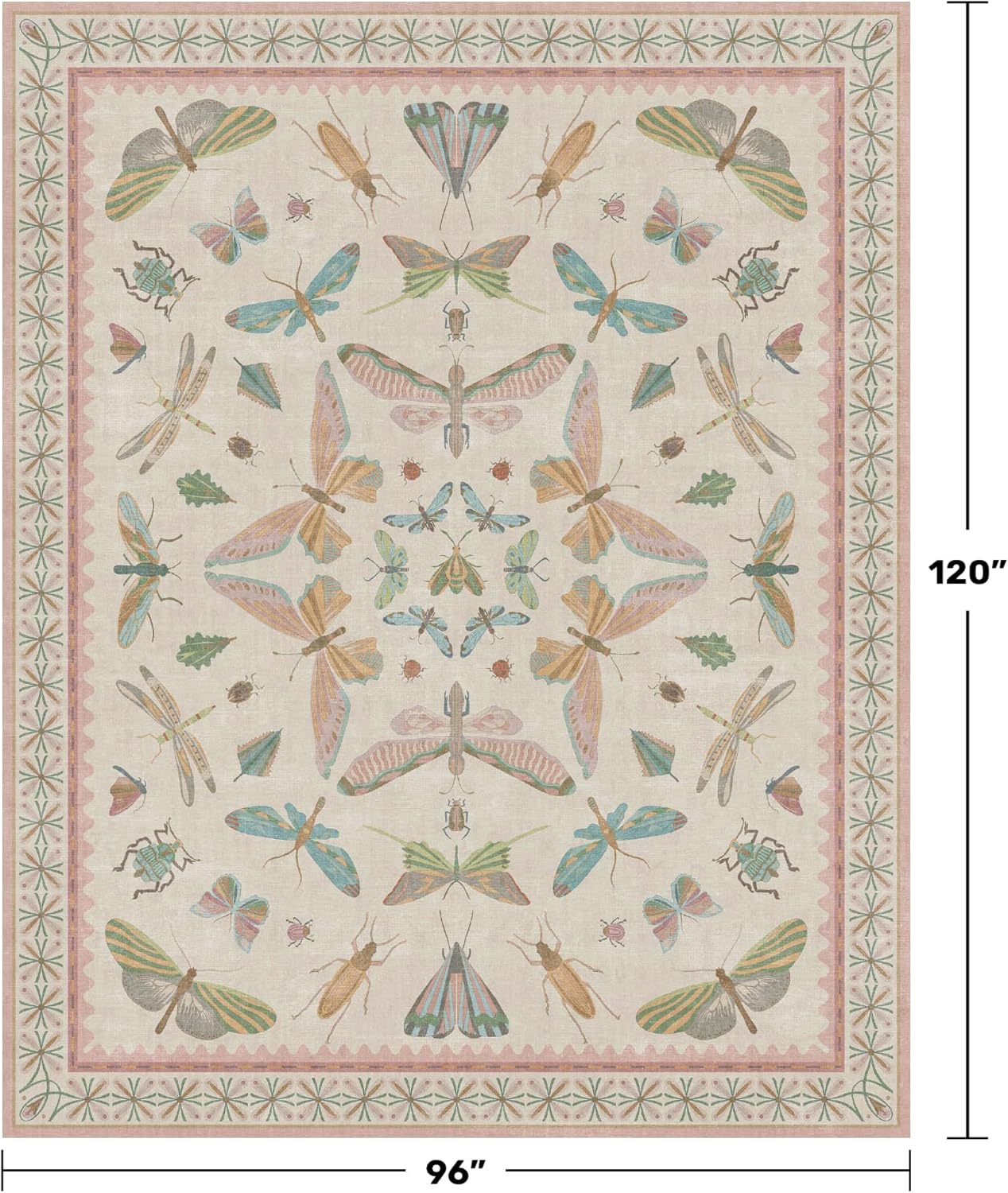 Hazo Haus Cute Rugs for Bedroom Girls - Pink Living Room Rugs 8X10, Dining Room Table, Washable Pastel Flower Insect Print Whimsical Décor