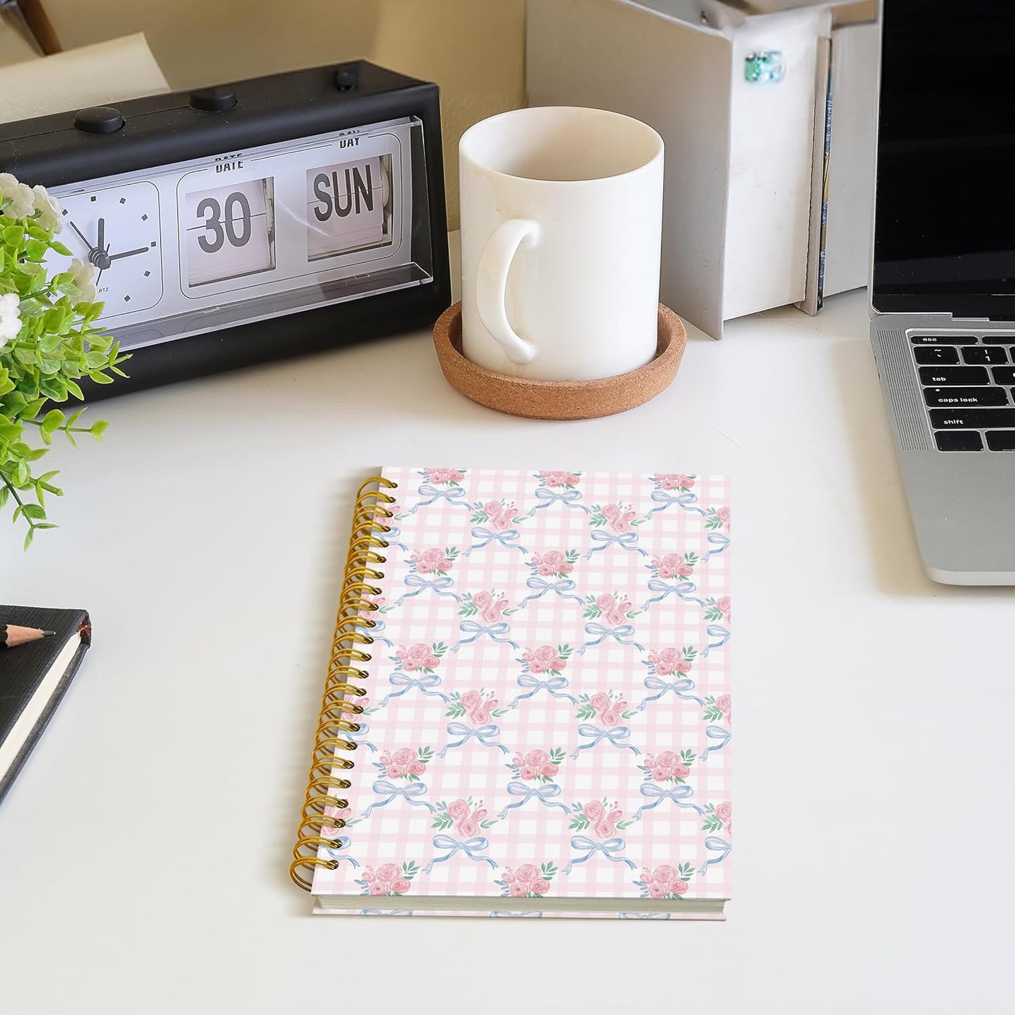 Coquette Floral Bow Spiral Notebook, Chinoiserie Pastel Pink Rose Floral Journal, Trendy Preppy Grandmillennial Flower Aesthetic Journal Notebook, 5.5x8.3 Inch