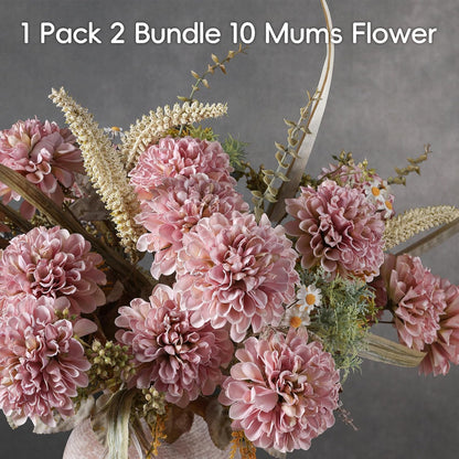 10 Heads Artificial Flowers Ball Mums Indoor for Vase, Large Silk Faux Chrysanthemum with Stems, Fake Bouquet for Home Decor Table Filler, 2 Pack (Pink)