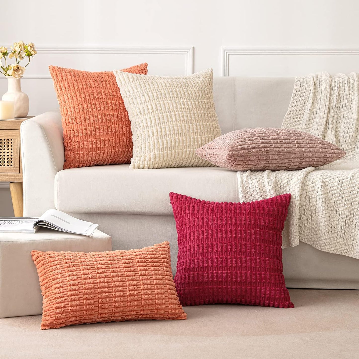 MIULEE Pack of 2 Corduroy Decorative Throw Pillow Covers 18x18 Inch Soft Boho Striped Pillow Covers Modern Farmhouse Home Decor for Summer Sofa Living Room Couch Bed Coral