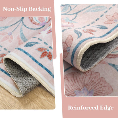 Anidaroel 5x7 Area Rugs for Living Room, Washable Pink Floral Rugs for Bedroom Girls, Soft Boho Nursery Rugs for Kids Playroom, Non Slip Low Pile Indoor Carpet for Bedside Dorm, Pink/Multi