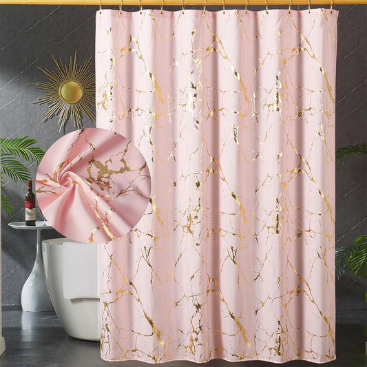 Pink Shower Curtain - Luxury Foil Gold Printed Pink and Gold Marble Shower Curtains for Bathroom, Glitter Bathroom Curtain with Hooks, Waterproof Washable Fabric, Standard 72x72 Inches