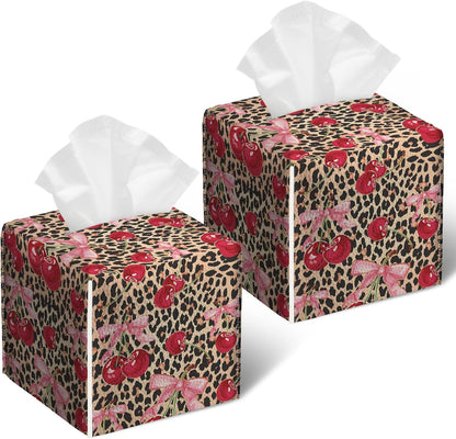 Pink Cherry Bow Tissue Box Cover 2PCS, Leopard Leather Tissue Box Holder Square Facial Paper Case Tissue Box Cube Organizer for Bathroom Bedroom Desk Office