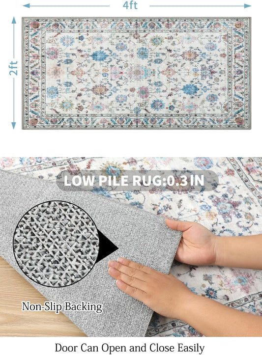 COMSLE Washable Door Mat, Front Door Mat Indoor Faux Wool Absorbent Small Rugs for Entryway Distressed Throw Rug Non-Slip Accent Floor Carpet for Entrance Bedroom, 24X48 Inches Pink Floral