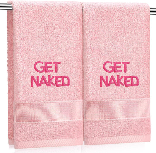 Tingjoo 2 Pcs Pink Get Naked Hand Towels 100% Cotton Embroidered Bathroom Pink Towel Modern Decorative Housewarming Gifts, Funny Bathroom Decor 29 x 13 Inch