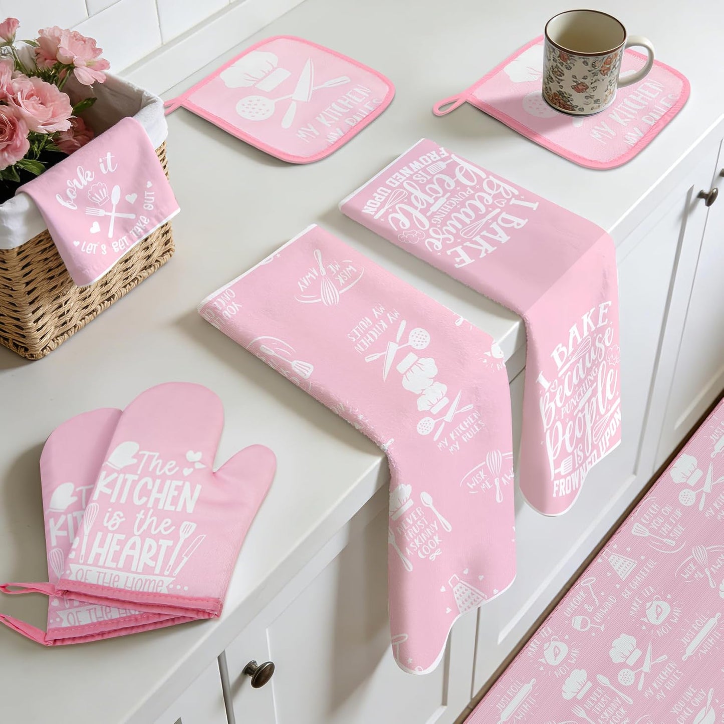 10 Pcs Pink Kitchen Dish Towels Pot Holders Oven Mitts Glove Rustic Rugs Mat Set Cute Farmhouse Kitchen Decor Accessories for Cooking Baking Home Decor Spring Housewarming Mom Gift BBQ