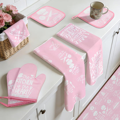 10 Pcs Pink Kitchen Dish Towels Pot Holders Oven Mitts Glove Rustic Rugs Mat Set Cute Farmhouse Kitchen Decor Accessories for Cooking Baking Home Decor Spring Housewarming Mom Gift BBQ