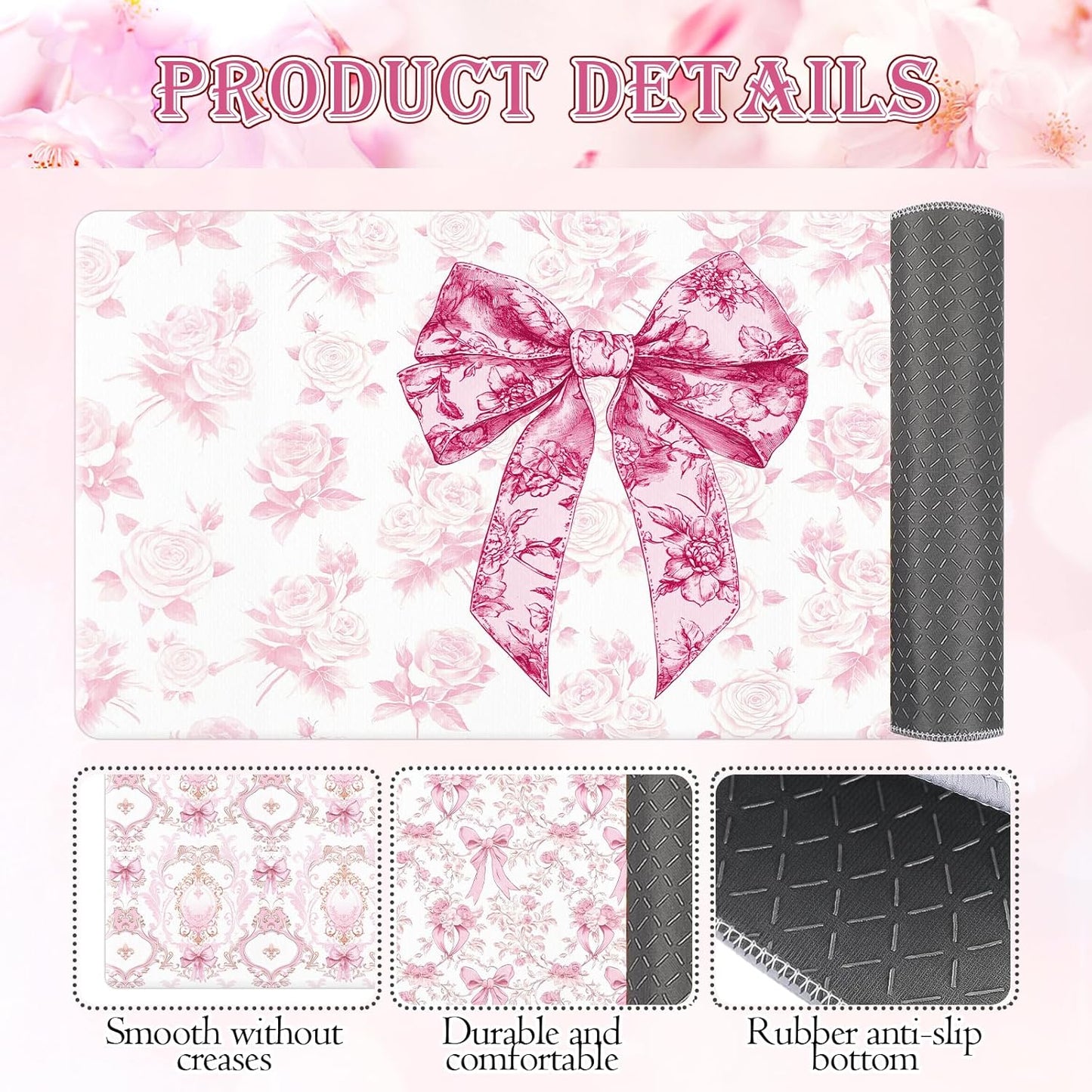 Pink Bow Kitchen Rug and Mat Set of 3, Cute Coquettte Kitchen Rugs, Non-Slip Bow Sweet Decorations for Home Indoor Bathroom Living Room Sink Laundry Floor Decor 18''x31''+18''x47''+18''x60''