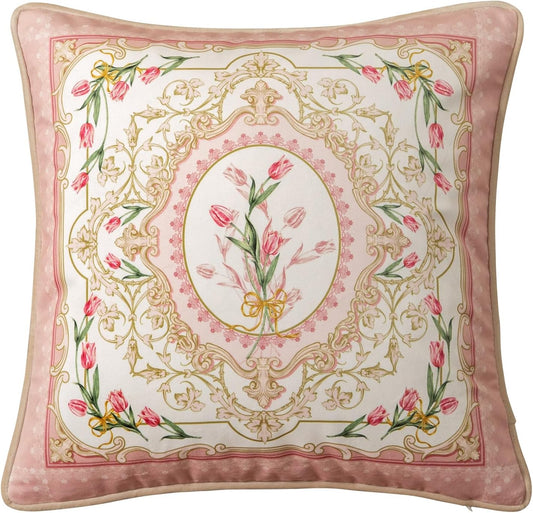 Floral Throw Pillow Covers, Velvet Euro Shams Decorative Light Pink Throw Pillows 18x18 for Couch Sofa Bed, Pink Tulip