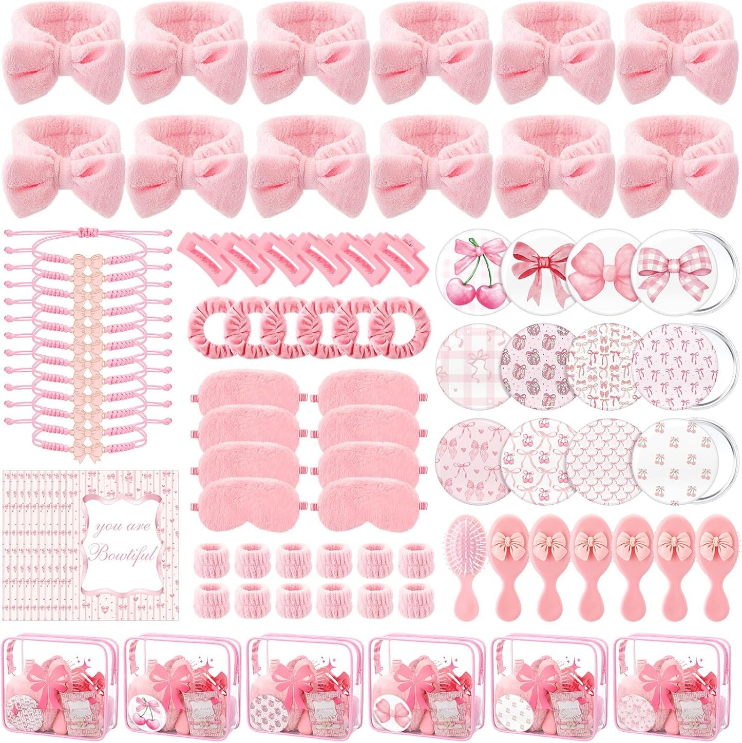 Honeydak 120 Pcs Pink Spa Sleepover Party Favors Coquette Bow Bracelets Eye Mask Wristband Scrunchie Spa Headband Mirror Hair Comb Bow Cards Claw Clips Bowknot Makeup Bags for Slumber Party Supplies