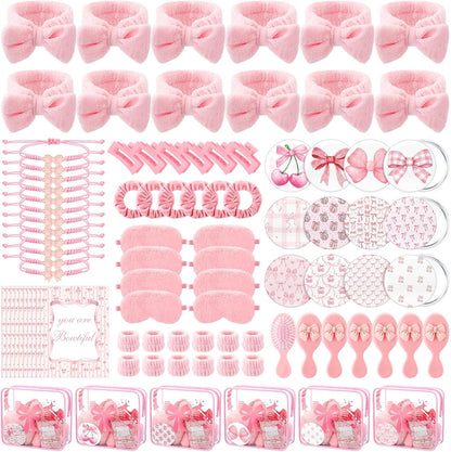Honeydak 120 Pcs Pink Spa Sleepover Party Favors Coquette Bow Bracelets Eye Mask Wristband Scrunchie Spa Headband Mirror Hair Comb Bow Cards Claw Clips Bowknot Makeup Bags for Slumber Party Supplies