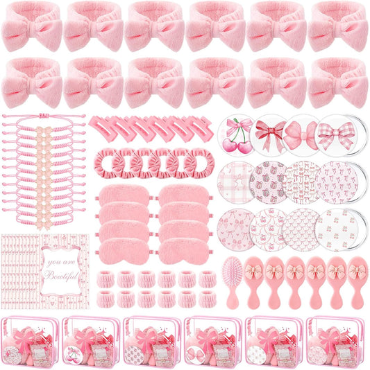 Honeydak 120 Pcs Pink Spa Sleepover Party Favors Coquette Bow Bracelets Eye Mask Wristband Scrunchie Spa Headband Mirror Hair Comb Bow Cards Claw Clips Bowknot Makeup Bags for Slumber Party Supplies