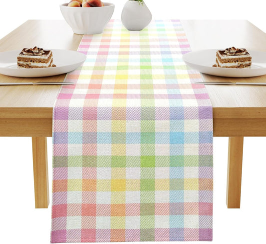 Easter Linen Buffalo Check Plaid Table Runner, Pink Blue Yellow Grid Tablecloth Spring Holiday Dining Table Decoration for Farmhouse Home Room Kitchen Table Easter Party Supplies (13 * 72 Inch)
