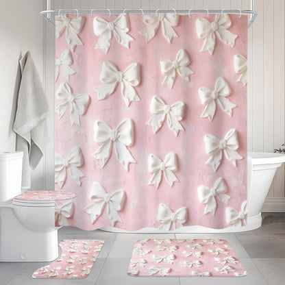4Pcs Pink White Bow Shower Curtain Set, Vintage Bowknot Oil Painting Bathroom Curtain with Rug, Toilet Lid Cover, Bath Mat, Girly Fashion Pretty Sweet Modern Shower Curtain with 12 Hooks