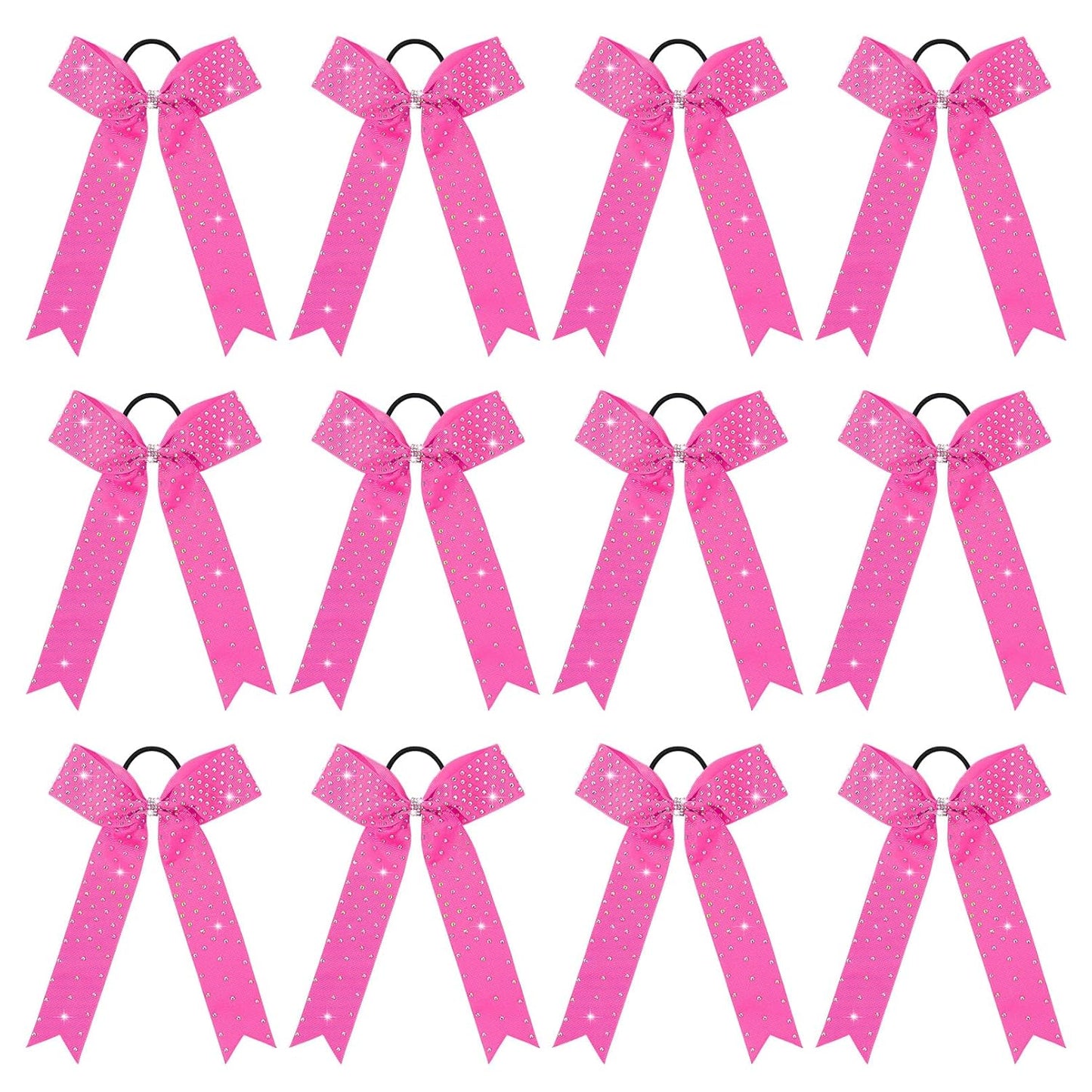 DEEKA 12 Count Pink Collegiate Style Cheer Bows with Rhinestones - Handmade Hair Accessories for Girls, Teens, Cheerleaders and Softball Players