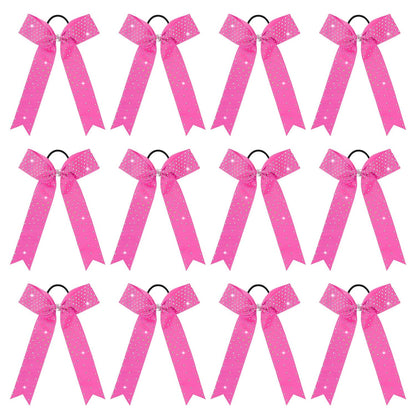 DEEKA 12 Count Pink Collegiate Style Cheer Bows with Rhinestones - Handmade Hair Accessories for Girls, Teens, Cheerleaders and Softball Players