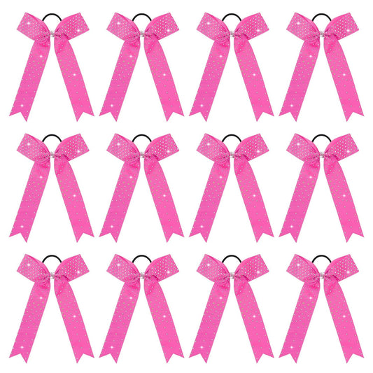 DEEKA 12 Count Pink Collegiate Style Cheer Bows with Rhinestones - Handmade Hair Accessories for Girls, Teens, Cheerleaders and Softball Players