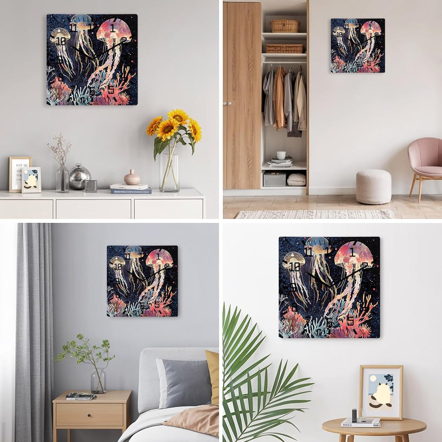 Wall Clock 12in Pink Blue Jellyfish Silent Non Ticking Square Wall Clock Coral Decorative Clock for Living Room Bedroom Office Kitchen Decor