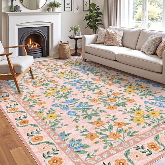 Washable Floral Rug for Living Room - 9x12 Large Pink Boho Bedroom Area Rug Stain Resistant Vintage Botanical Flower Soft Low Pile Carpet for Bedroom Office Dining Room Rugs Under Table