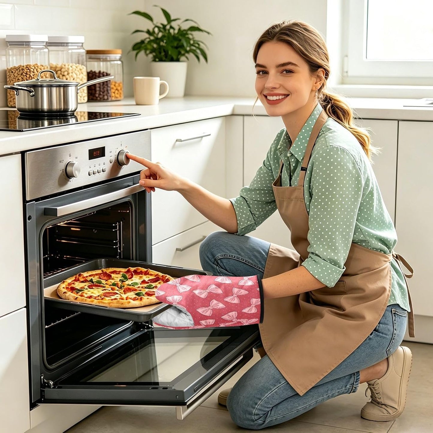 Red Pink Bows Non-Slip Oven Mitts Set Heat Resistant Kitchen Gloves with Quilted Liner Cotton Machine Washable with Hanging Loop for Baking Grilling BBQ