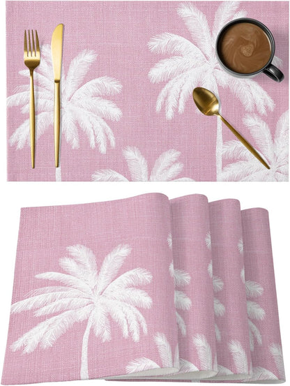 Peach Pink Palm Tree Placemats Set of 1 Summer Botancial Tropical Farmhouse Place Mats Indoor Wipeable Table Mats Washable Cloth Dining Table Placemats for Kitchen Holiday Party Home Decor 13x19 Inch