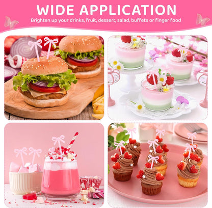 100Pcs Pink Toothpicks Plastic Bow Cocktail Picks Long Fruit Skewers Drink Stirrers Cupcake Toppers Fancy Toothpick for Appetizers Drinks Wedding Coquette Birthday Bow Party Decoration