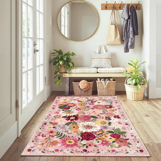 Floral Machine Washable Rug Pink, 3x5 Rug Non Slip Soft Bedroom Rugs for Entryway Dorm, Ultra-Thin Rugs for Bedroom Stain Resistan(3 x 5, Pink Garden)