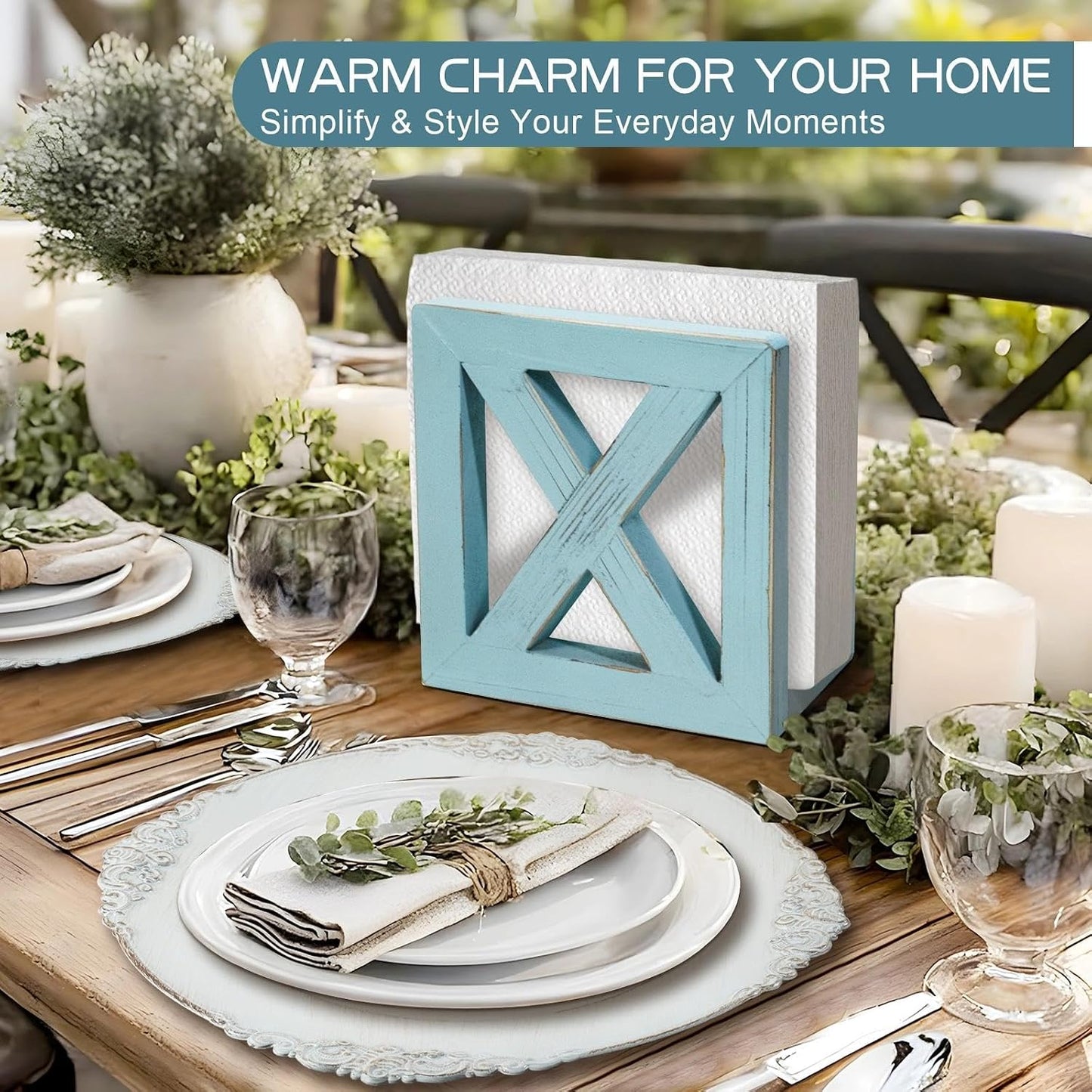 MAONAME Farmhouse Wooden Napkin Holder for Tables, Square Napkins Dispenser, Rustic Wood Guest Towel Holder Tray for Bathroom, Dinner Napkin Holders for Kitchen, Ocean Blue