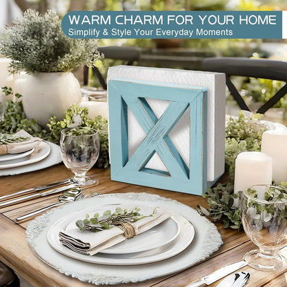 MAONAME Farmhouse Wooden Napkin Holder for Tables, Square Napkins Dispenser, Rustic Wood Guest Towel Holder Tray for Bathroom, Dinner Napkin Holders for Kitchen, Ocean Blue