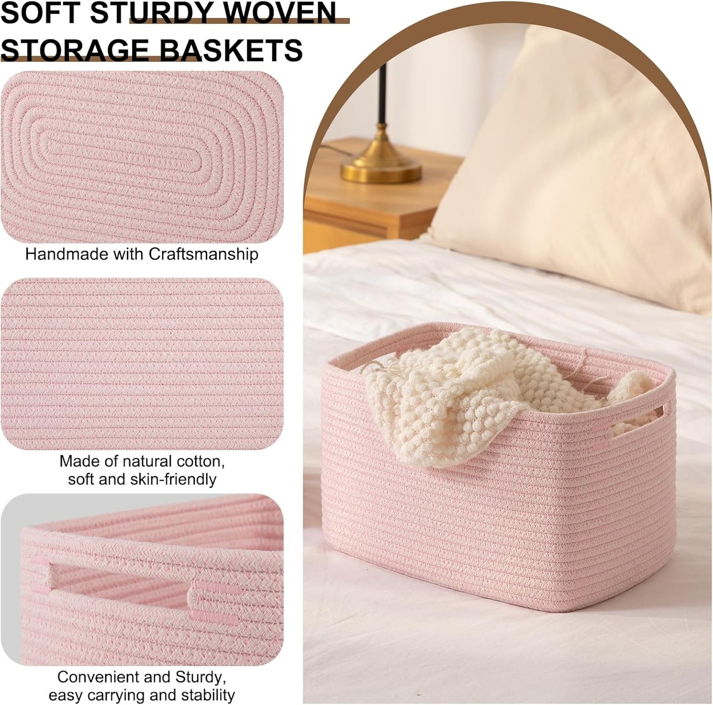 OIASKET Storage Baskets for Organizing, Woven Decorative Baskets for Shelves - Books, Towels, and Clothes, Cotton Rope Toy Storage Bins, 12.7''Lx9''Wx7.8''H, Pack of 4, Pink